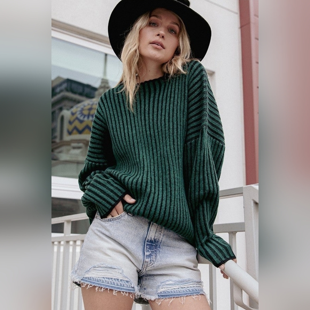 New First Love Two Toned Green Ribbed Women's Sweater Sz L